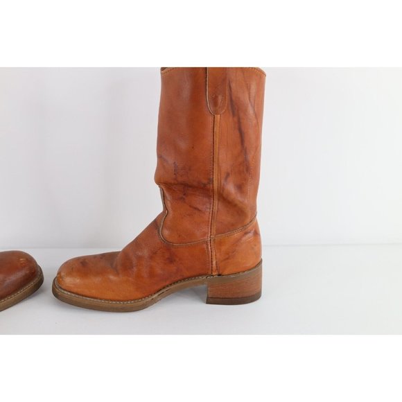 Vtg 70s Mens 8.5 E Distressed Steel Toe Leather Western Cowboy Boots Brown USA main image 6